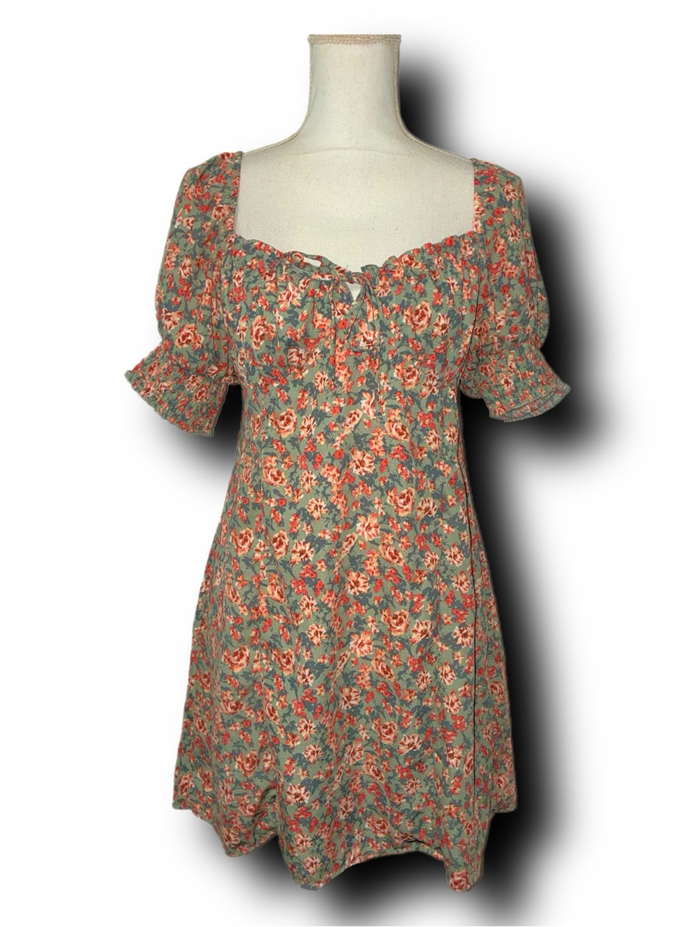 Trixxi Floral Puff Sleeve Square Neck Cottagecore Dress in Sage and Coral